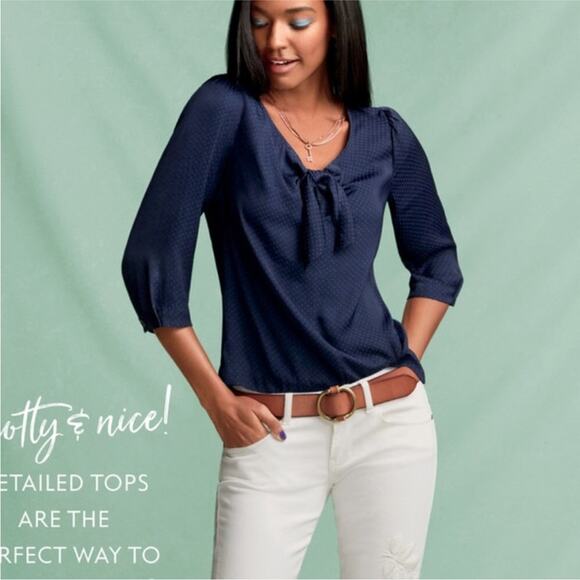 Cabi navy blue swiss dot knot tie front top size Small #5525 - Picture 1 of 16